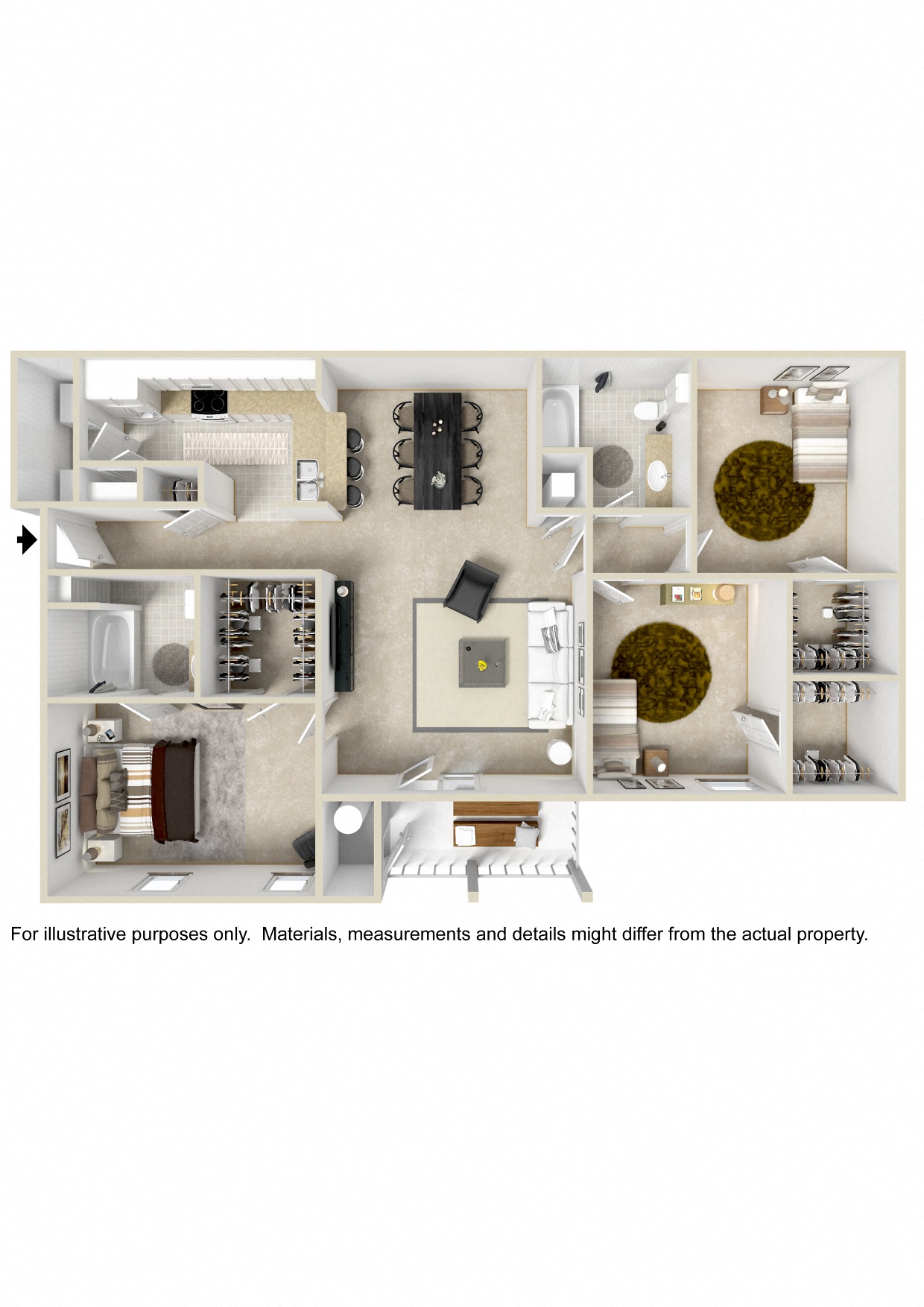 Floor plan for 3 beds, 2 baths, 1296 sqft